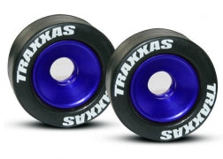 Wheels aluminum (blue-anodized) (2)/ 5x8mm ball bearings (4)/ axles (2)/ rubber tires (2)