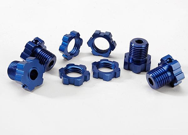 Wheel hubs splined 17mm (blue-anodized) (4)/ wheel nuts splined 17mm (blue-anodized) (4)/ screw pins 4x13mm (with threadlock) (4)