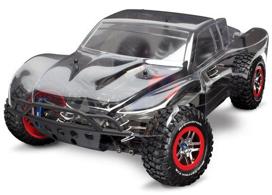 Discontinued - Slash 4X4 Platinum:  1/10 Scale 4WD Electric Short Course Truck.  Fully assembled with low CG chassis servos Velineon VXL-3s brushless E.S.C. (fwd/rev) clear body. Transmitter and receiver not included.