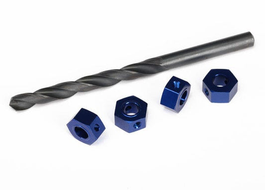 Wheel adaptors 12mm hex 6061-T6 aluminum (blue-anodized) (4)/ screw pins (4)/ drill bit 0.25 inch (for 6mm shafts) (requires #6451 (x2) #6452 (x2) #6439 #6455 #5117 (x3))