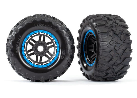 Tires & wheels assembled glued (black blue beadlock style wheels Maxx MT tires foam inserts) (2) (17mm splined) (TSM rated)