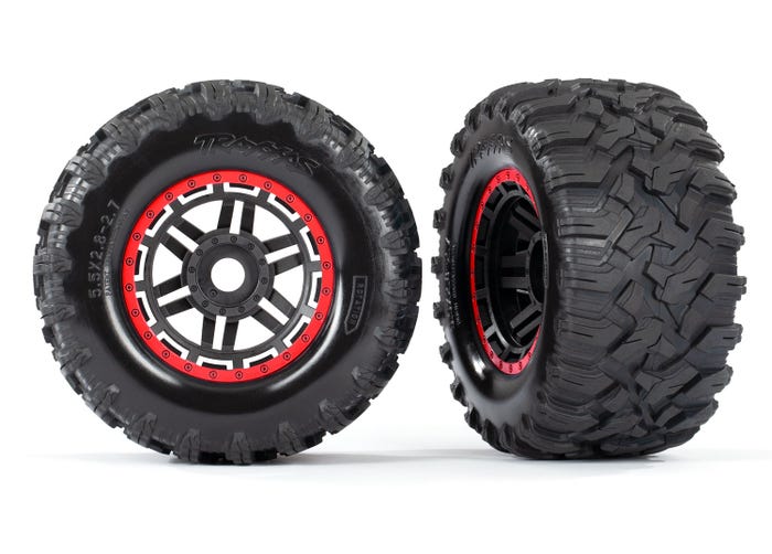 Tires & wheels assembled glued (black red beadlock style wheels Maxx MT tires foam inserts) (2) (17mm splined) (TSM rated)