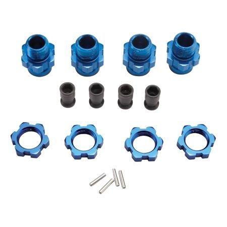 Wheel hubs splined 17mm short (4)/ wheel nuts splined 17mm (4) (blue-anodized)/ hub retainer M4 X 0.7 (4)/ axle pin (4)/ wrench 5mm